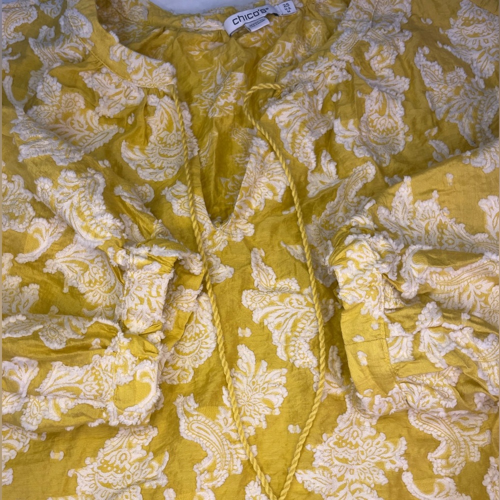 Lemon yellow Jacquard 3D white floral peasant tunic tassel v-neck 3/4 sleeve - Picture 10 of 11